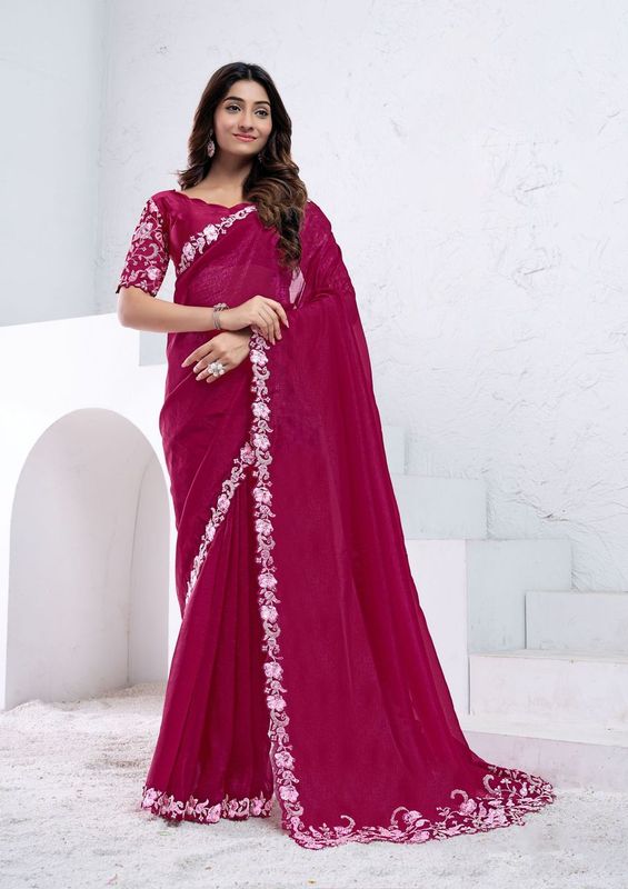 Pink Sequence Embroidery & Hand Work Crepe Shimmer Silk Saree