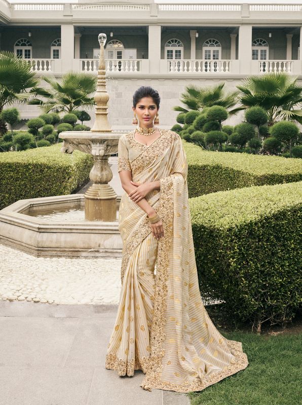 Off White Wevon Jacquard Designer Embroidery Work Viscose Tissue Saree