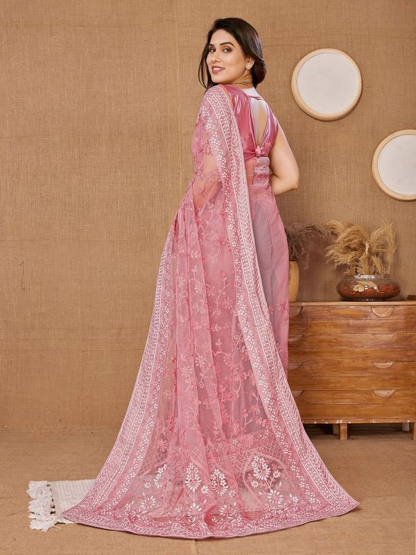 Pink Designer Thread Embroidery Work Soft Net Saree