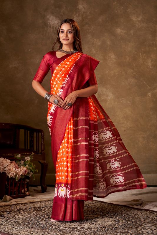 Orange Cotton Printed Saree and Stitched Maroon Blouse