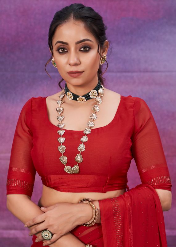 Red Wine Wevon Patta Designer With Swarovski Work Chiffon Saree