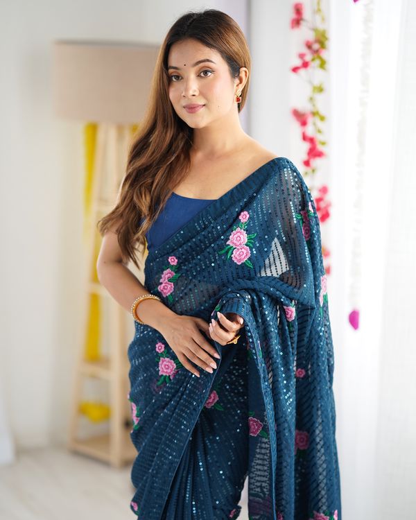 Teal Blue Georgette Thread And Sequins Embroidery Work Glamorous Partywear Saree