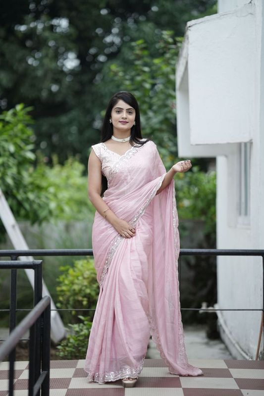 Pink Wevon Patta & Sequance Embroidery Work Chiffon Saree