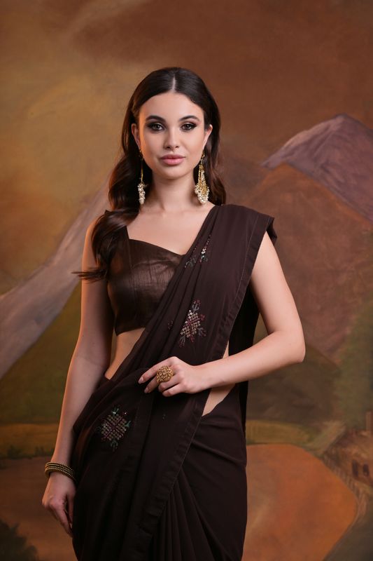 Coffee Designer Sequance Embroidery Work Georgette Saree
