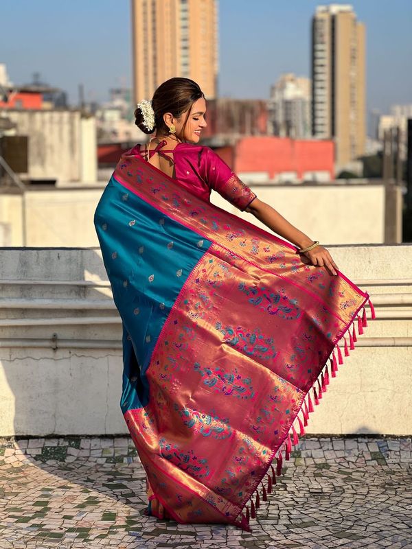 Blue Weaving Meenakari Designer Soft Silk Saree