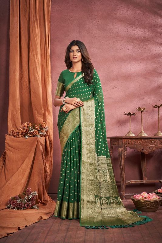 Green Georgette Woven Saree and Stitched Green Blouse