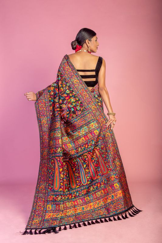 Black Handloom Wevon Designer Kashmiri Pashmina Saree