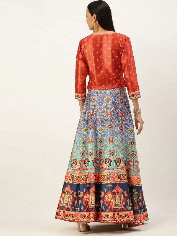 Ethnic Motifs Digital Print Shiney Satin Croptop Lehenga Choli With Blouse For Women and Girls