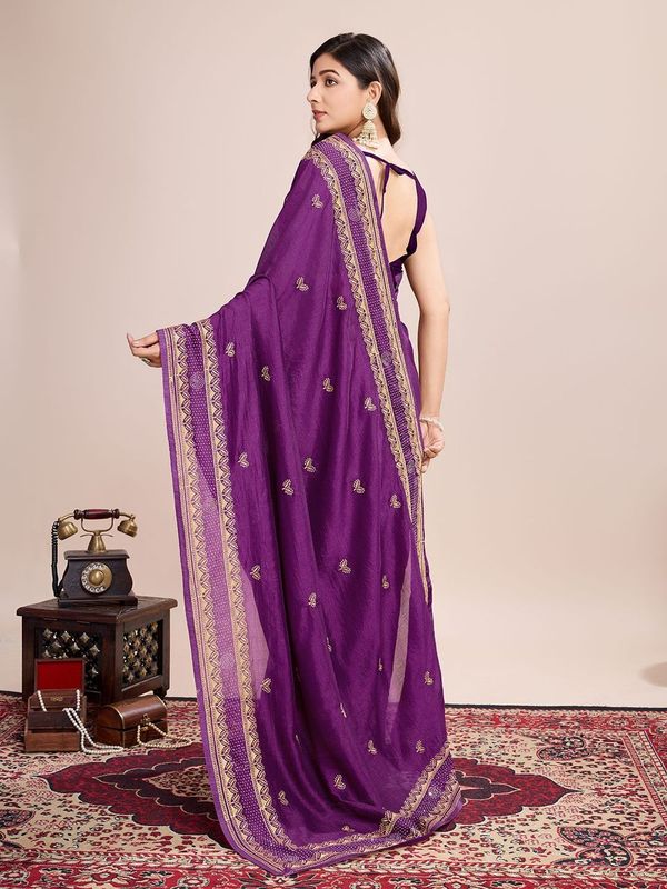 Voilet Designer Embroidery Work Vichitra Silk Saree