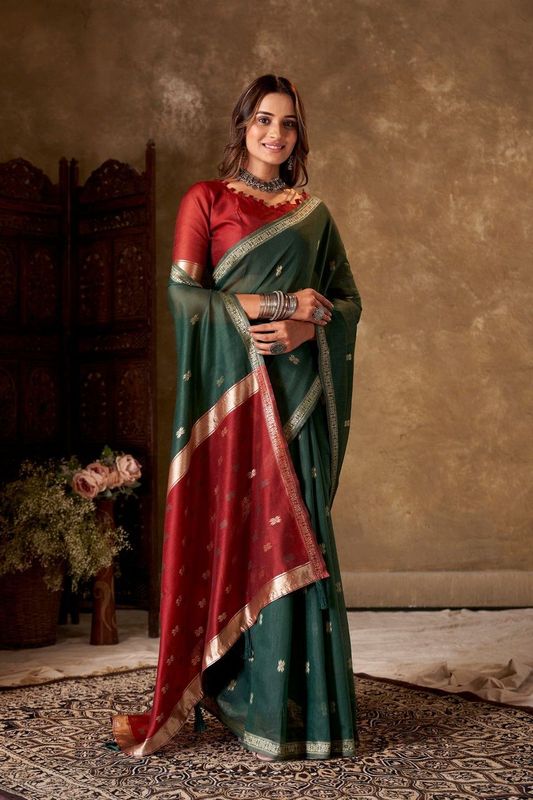 Green Cotton Woven Saree With Tassels on Pallu and Stitched Red Blouse