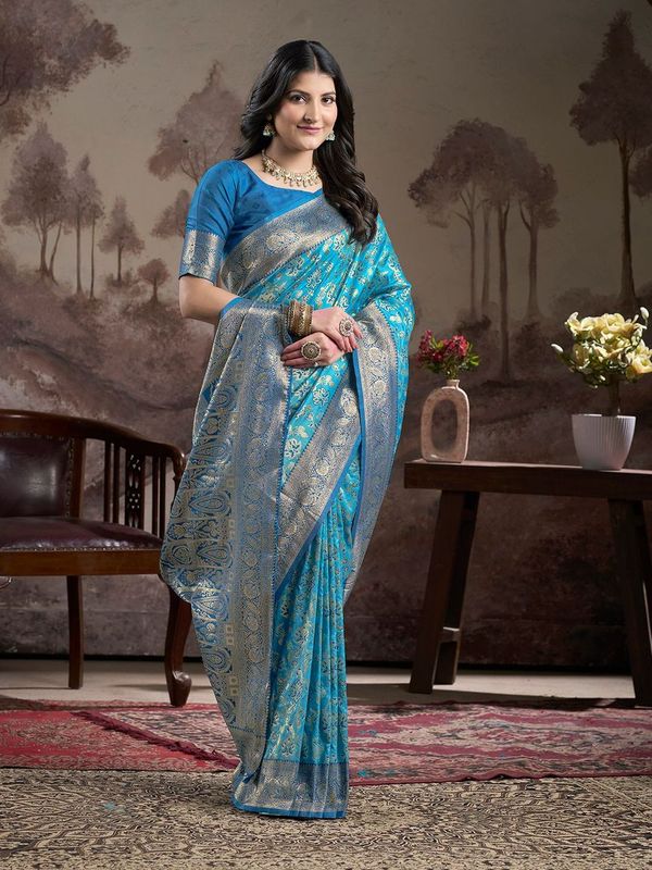 Blue Wevon Rich Pallu Designer Lichi Silk Saree