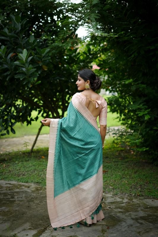 Sea Green Wevon Kantha Designer & Printed Tussar Silk Saree