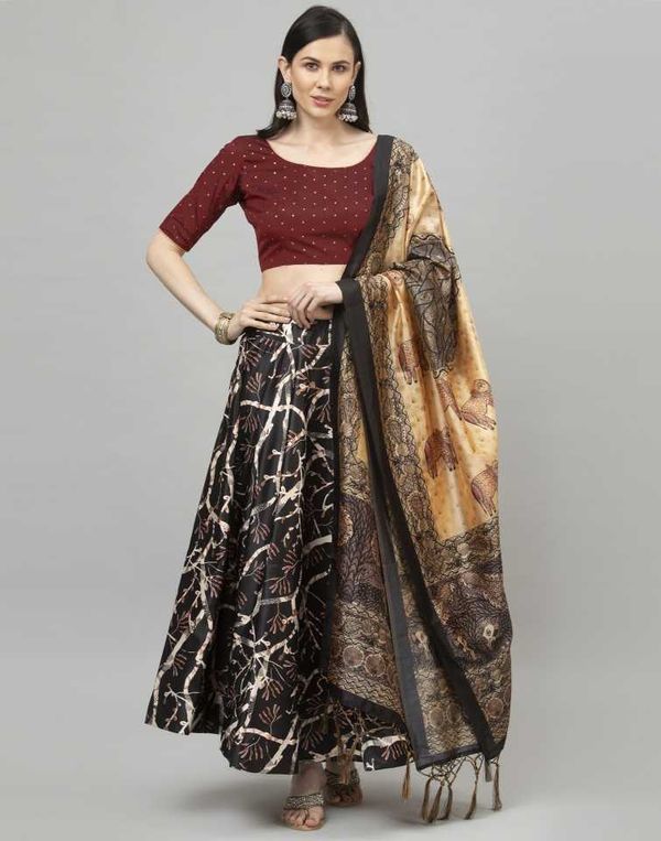 Digital Print Satin Silk Fabric Stitched Lehenga Choli With Jequared Blouse and Assami Silk Thread Work Dupatta For Women and Girls In Festive Party And Traditional Wear