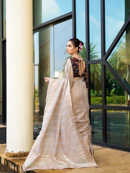 Brown Khadi Striped Saree and Stitched Multi Blouse