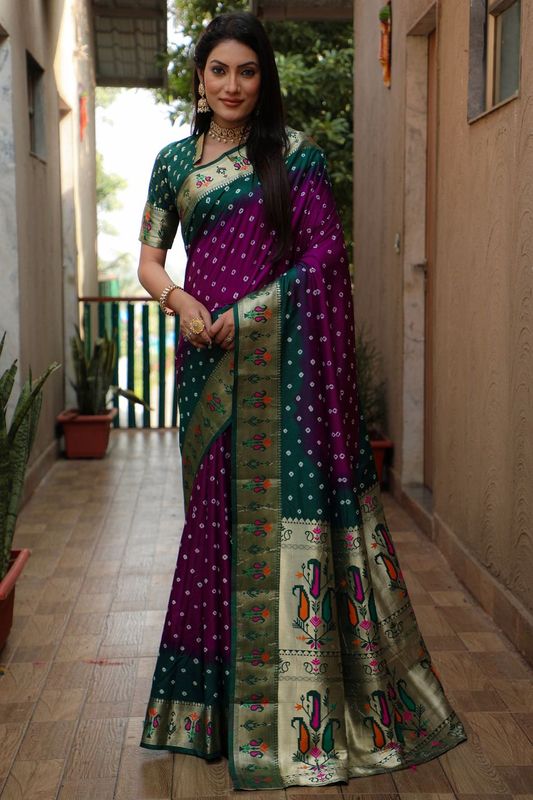 Purple Color Dola Silk Fabric Wevon Paithani Designer Saree With Traditional Bandhej Print