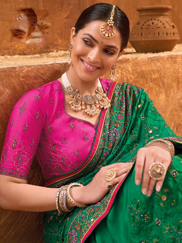 Green Wevon Designer & Real Mirror & Diamond & Kachhi Work Banaras Silk Saree