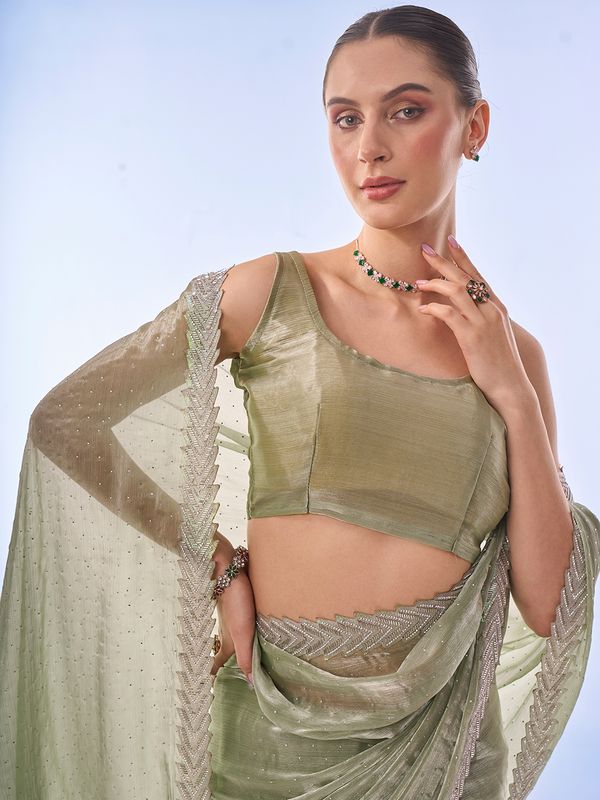 Pista Designer Work Lace Border & Swarovski Work Burburry Saree