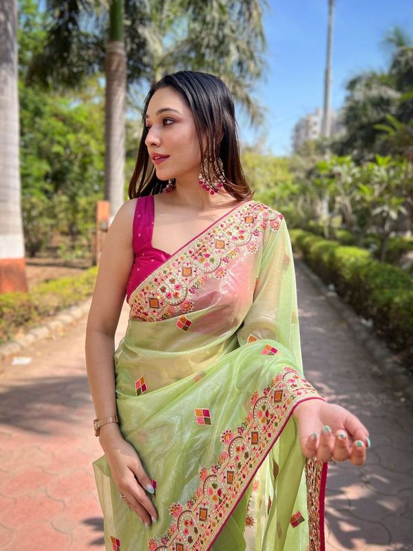 Green Multy Thread & Jari Embroidery Work Silver Tissue Silk Saree