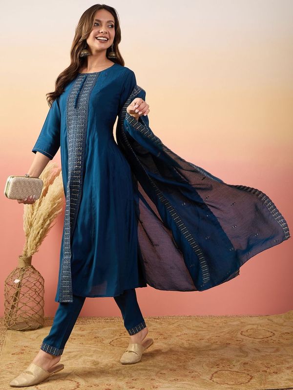 Blue Color Beautiful Woven Silk Readymade Suit with Festive Thread Embroidery Work