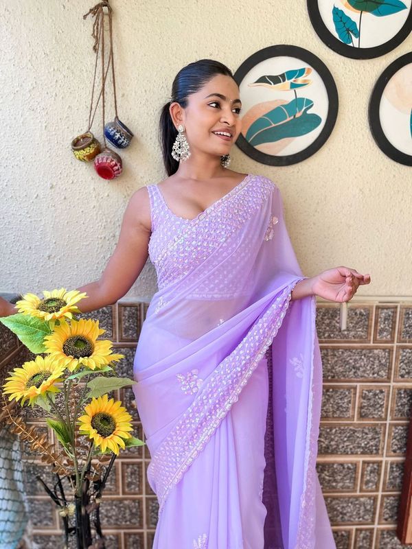 Lavender Color Georgette Fabric Beautiful Sequins Embroidery Cut Work Girlie Saree
