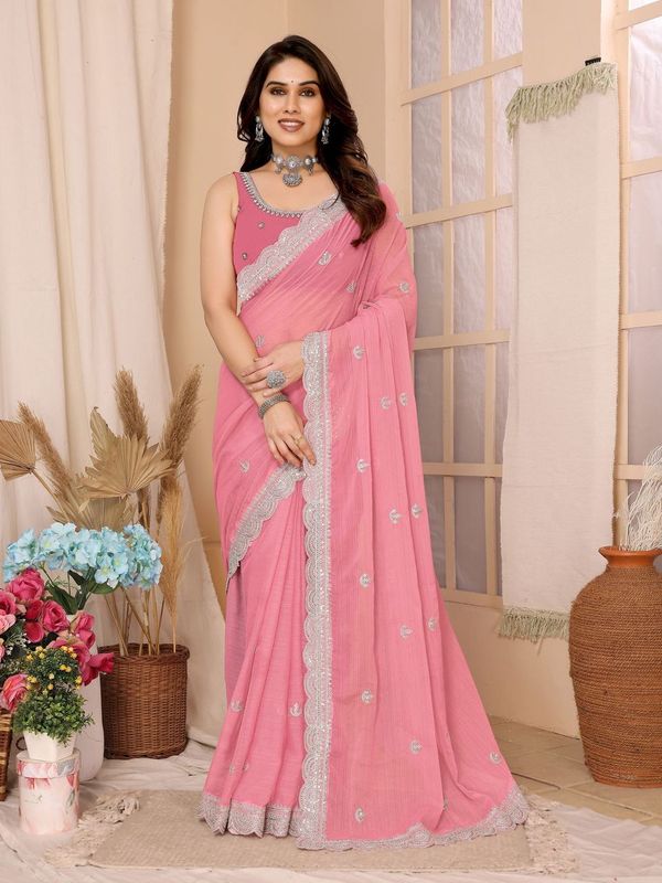 Pink Sequance Embroidery Work Zomato Chiffon Saree