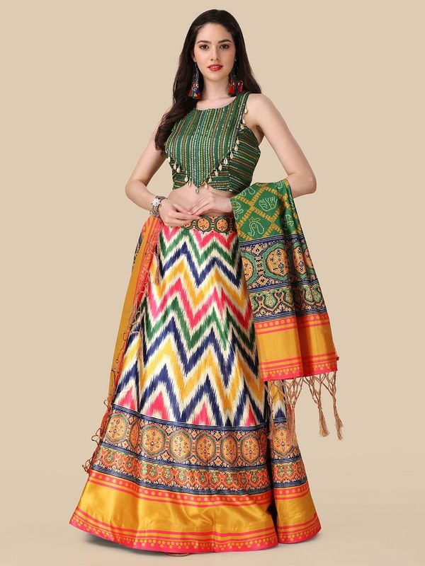 Digital Print Satin Silk Fabric Stitched Lehenga Choli With Jequared Blouse and Assami Silk Thread Work Dupatta For Women and Girls In Festive Party And Traditional Wear