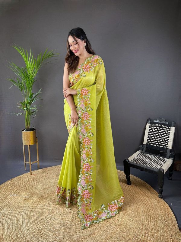 Green Cross Stich Embroidery Cut Work Glossy Silk Saree