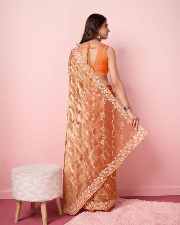 Orange Designer Sequance Embroidery Work Burberry Silk Saree