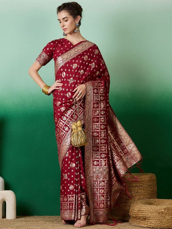 Maroon Wevon Jacquard Designer Staple Dola Cotton Saree
