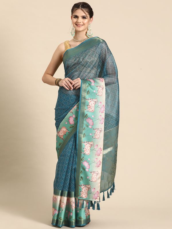Teal Kanjivaram Silk Pichwai Digital Printed Zari Woven Saree