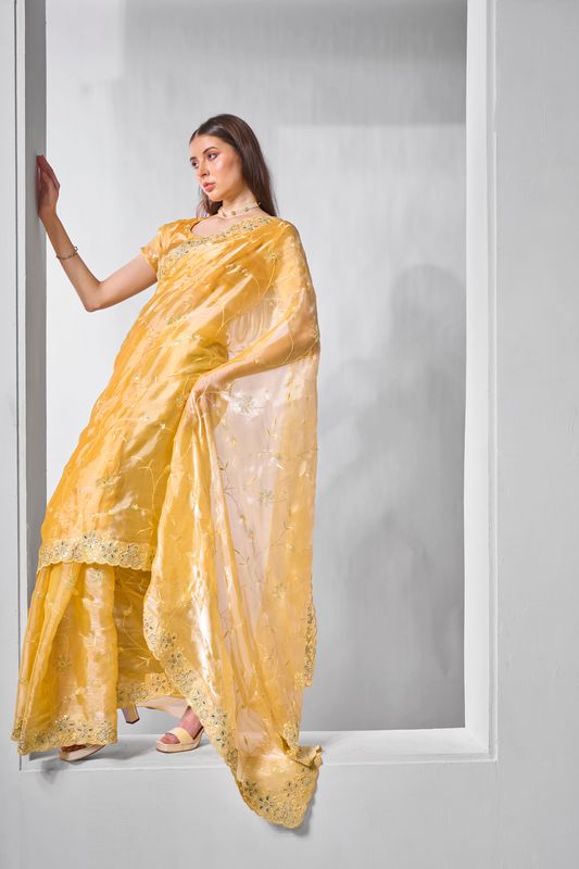 Yellow Designer Embroidery Work Burburry Saree