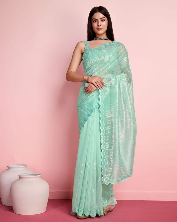 Sea Green Thread & Sequance Embroidery Work Silver Twill Net Saree