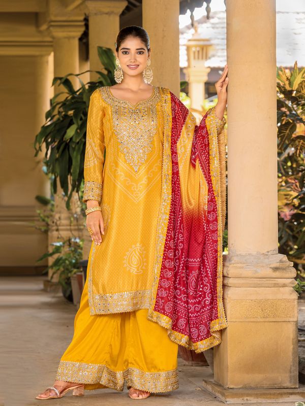 Yellow Chinon Bandhani Printed Heavy Salwar Kameez With Jari And Mirror Embroidery Work