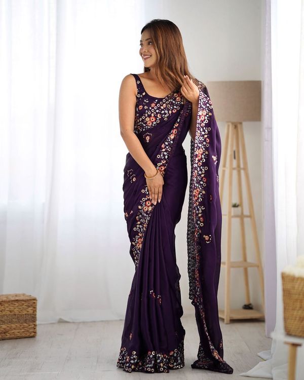 Purple Multy Thread & Sequance Embroidery Work Satin Chiffon Saree