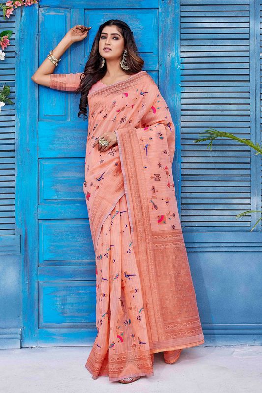 Rust Color Ethnic Linen Fabric Graceful Festive Saree With Wevon Jacquard Designer