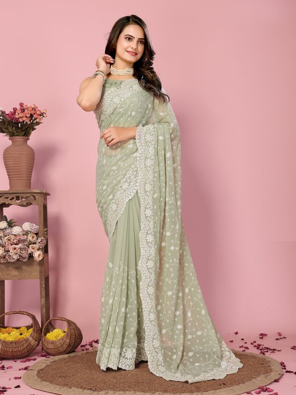 Pista Thread & Sequance Embroidery Work Georgette Saree