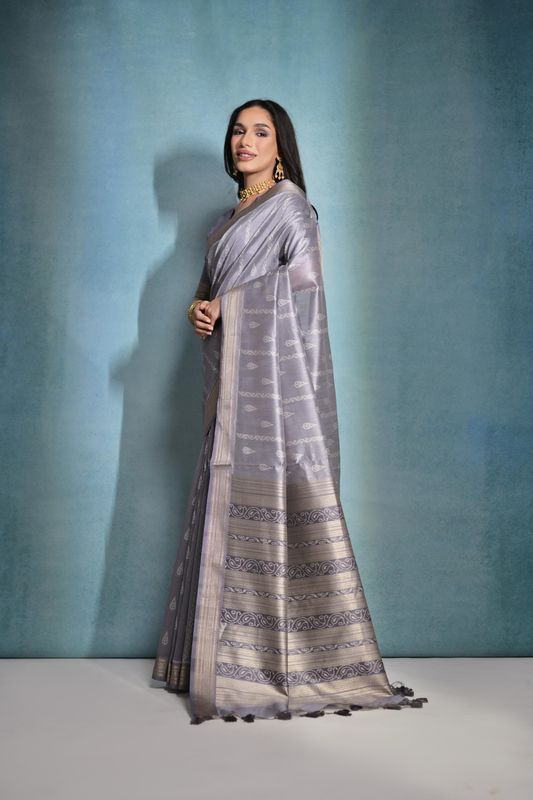 Grey Weaving Ikkat Designer Tusser Silk Saree