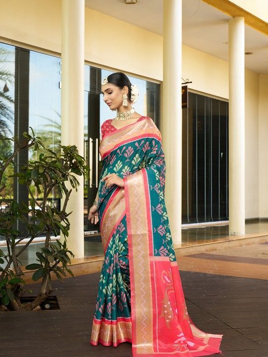 Green Crepe Digital Print Saree With Tassels on Pallu and Stitched Red Blouse