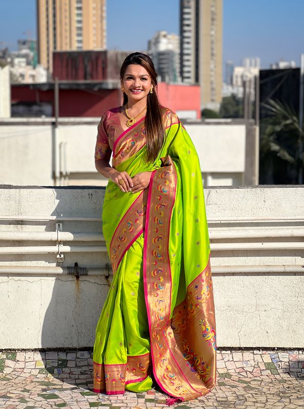 Parrot Green Weaving Meenakari Designer Soft Silk Saree