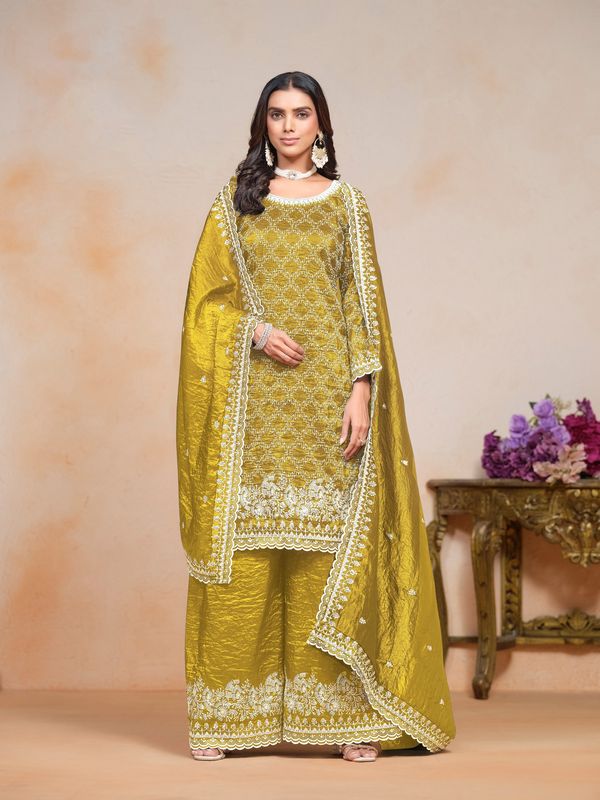 Yellow Color Gold Crush Fabric Designer Embroidery Work Heavy Looks Palazzo Dress