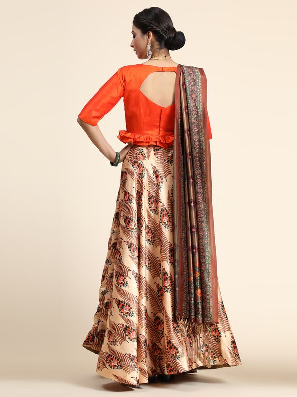 Digital Print Satin Silk Fabric Stitched Lehenga Choli With Jequared Blouse and Assami Silk Thread Work Dupatta For Women and Girls In Festive Party And Traditional Wear