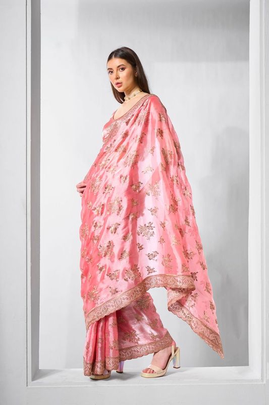 Coral Color Burburry Fabric Bollywood Style Designer Embroidery Work Evening Party Saree