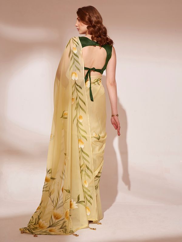 Yellow Designer Brush Printed Blooming Organza Saree
