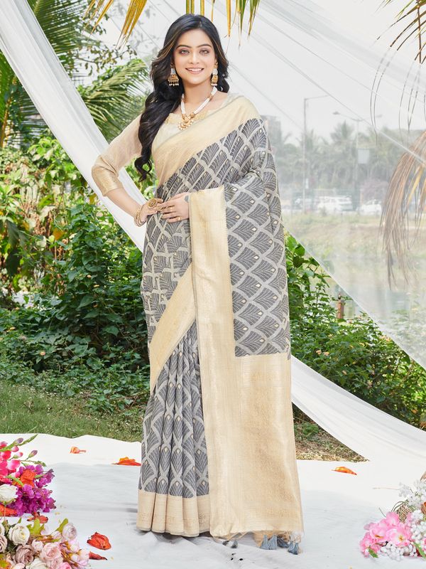 Black Wevon & Designer Printed Cotton Saree