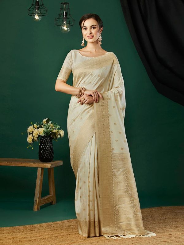 Cream Wevon Jacquard Designer Nylon Banarasi Saree