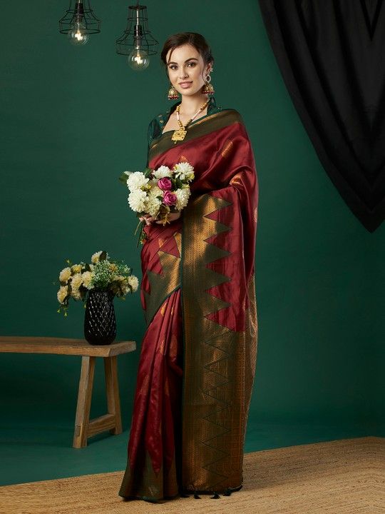 Red Banarasi Silk Woven Saree With Tassels on Pallu and Stitched Green Blouse