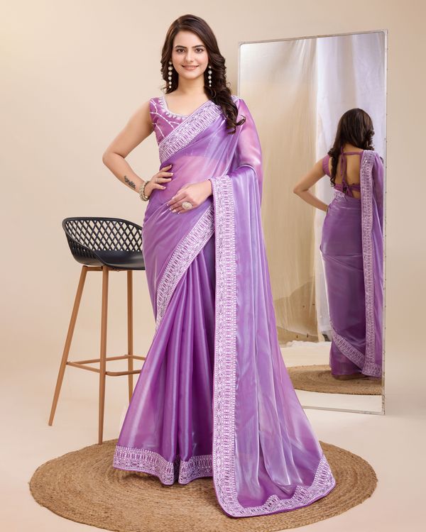 Purple Heavy Embroidery Work Lace & Blouse Jimmy Chau Silk Saree