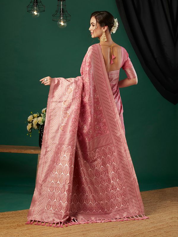 Pink Wevon Jacquard Designer Linen Saree