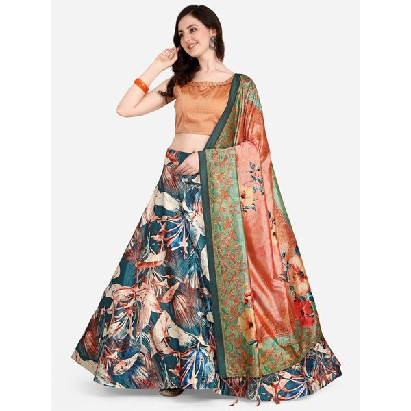 Digital Print Satin Silk Fabric Stitched Lehenga Choli With Jequared Blouse and Assami Silk Thread Work Dupatta For Women and Girls In Festive Party And Traditional Wear