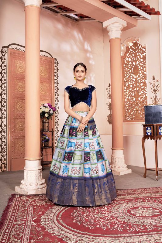 Multi Velvet Printed & Jacquard Work Lehenga